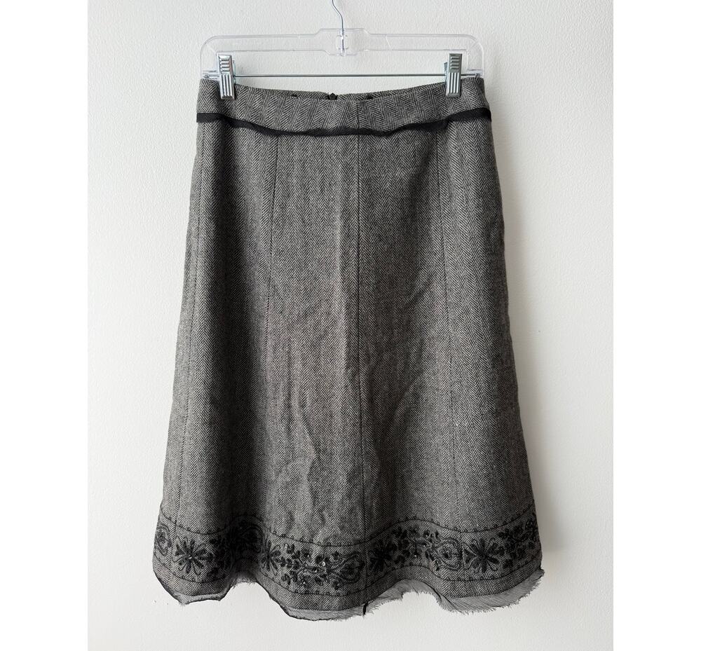 NWT Atelier Gray Herringbone Wool A-Line Midi Skirt Women 6 Sequins Embroidered